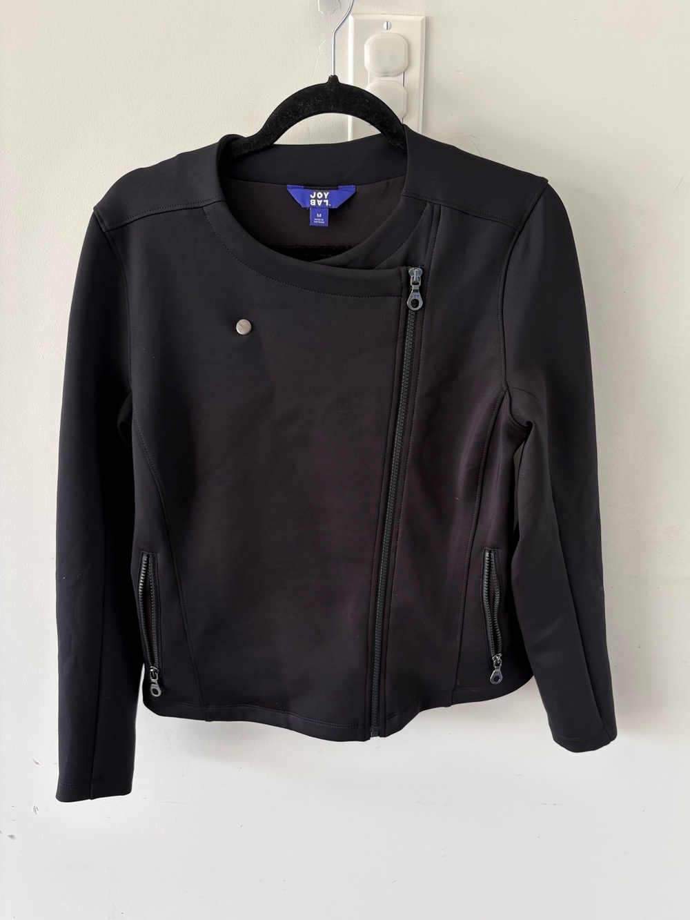 JoyLab Black Asymmetrical Zip Moto Jacket Spandex Blend Size M Athleisure Travel